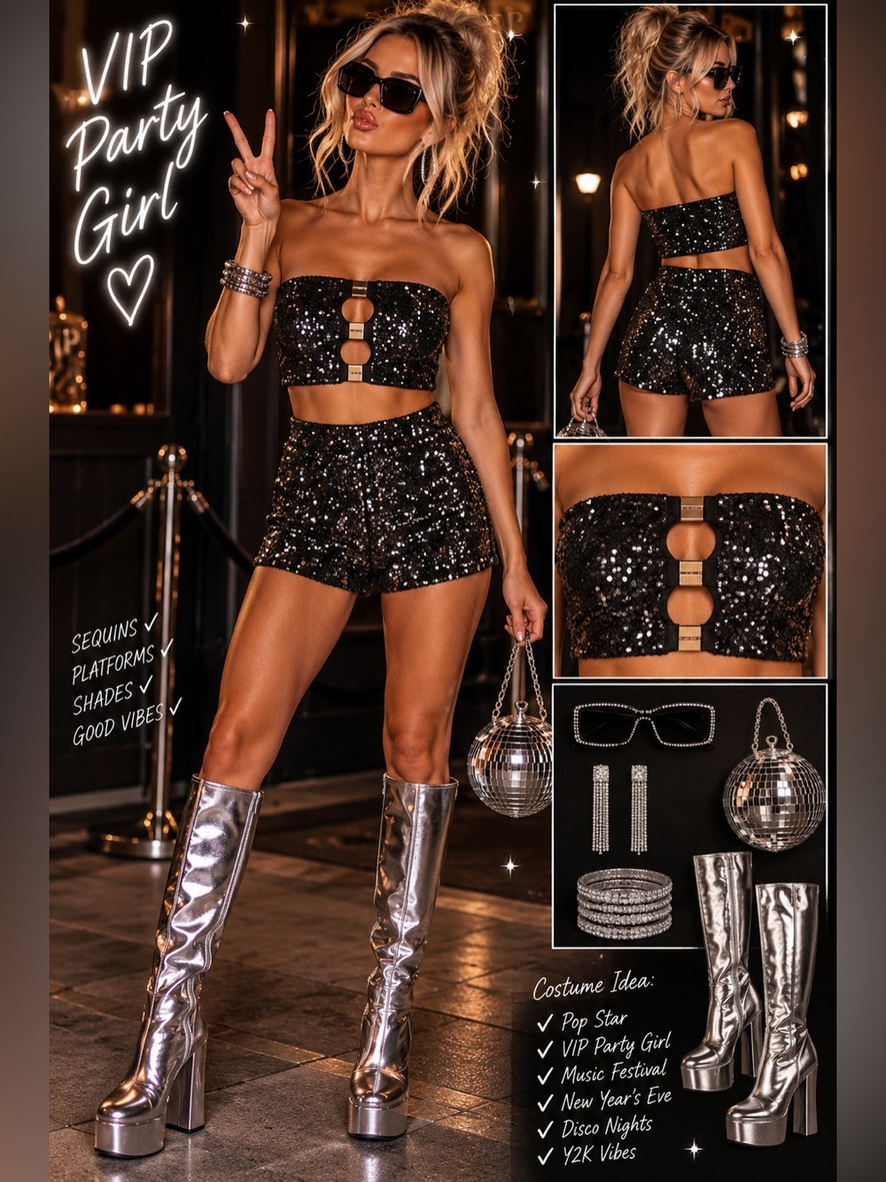Black Sequin Cutout Buckle Tube Top & High Waist Shorts Set - 1241